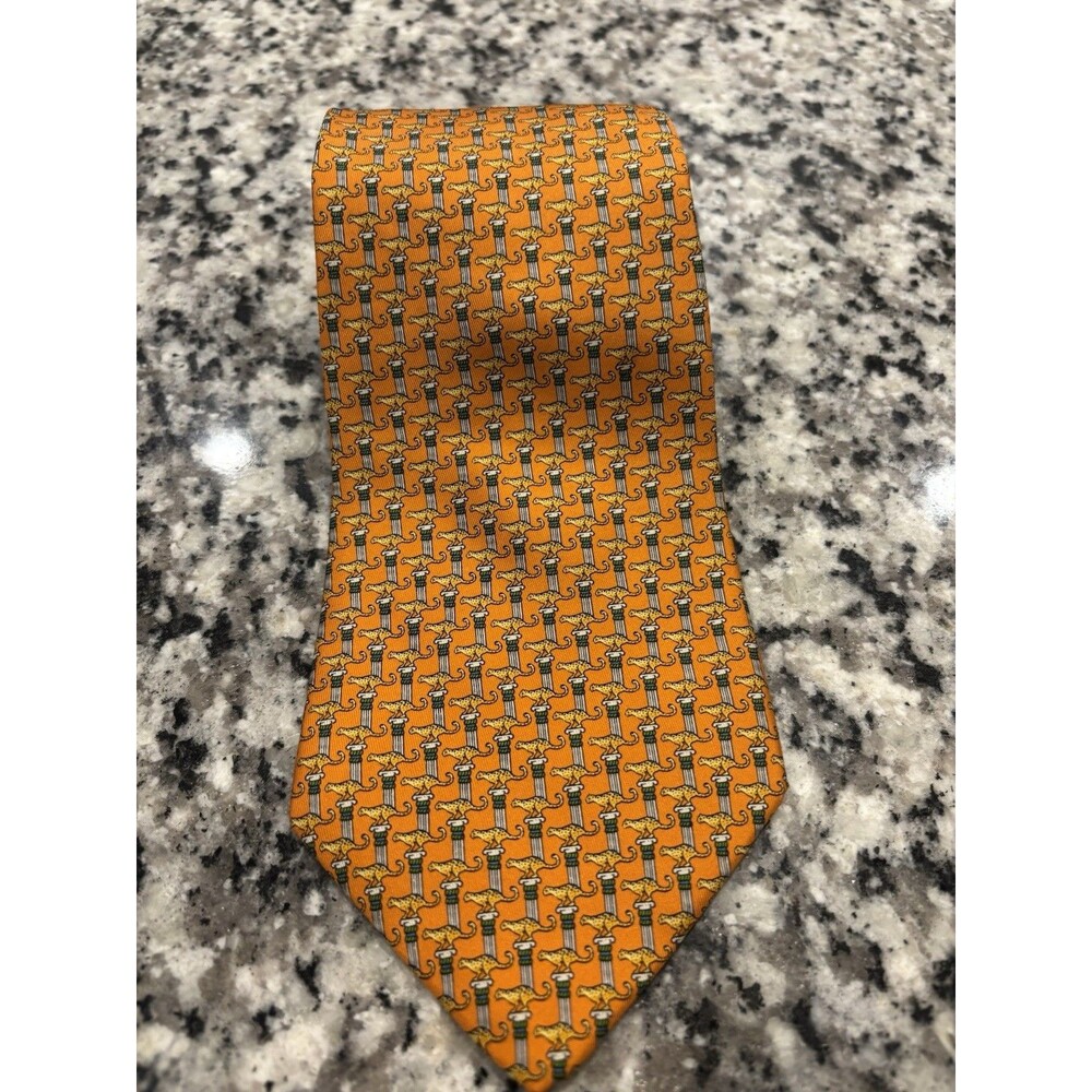 Salvatore Ferragamo Men's Silk Tie Vintage Yellow Gold Jaguars On Columns Geo